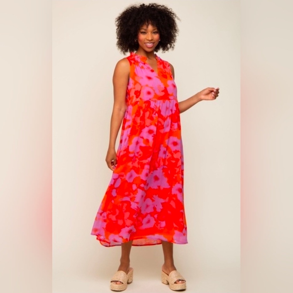 Jodifl Ruffled V-Neck Purple Orange Chiffon Artsy Watercolor Midi Dress sz L NWT